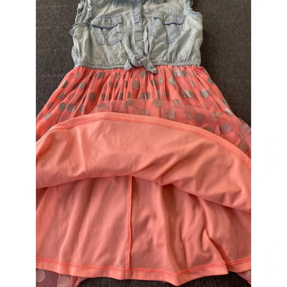 Justice Girls Denim and Coral Pink Tulle Glitter Polka Dot Dress Size 12